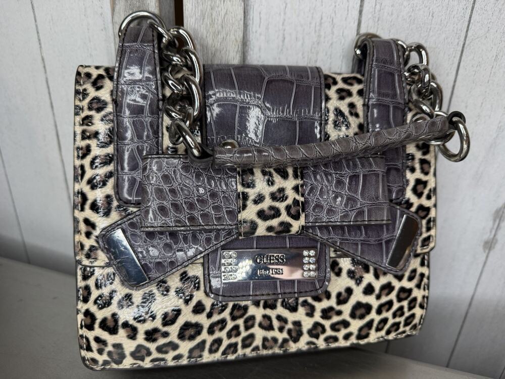 Vintage Y2K GUESS Bricken Lulin Leopard Print Flap Bag Bow Chain Handle Mob Wife